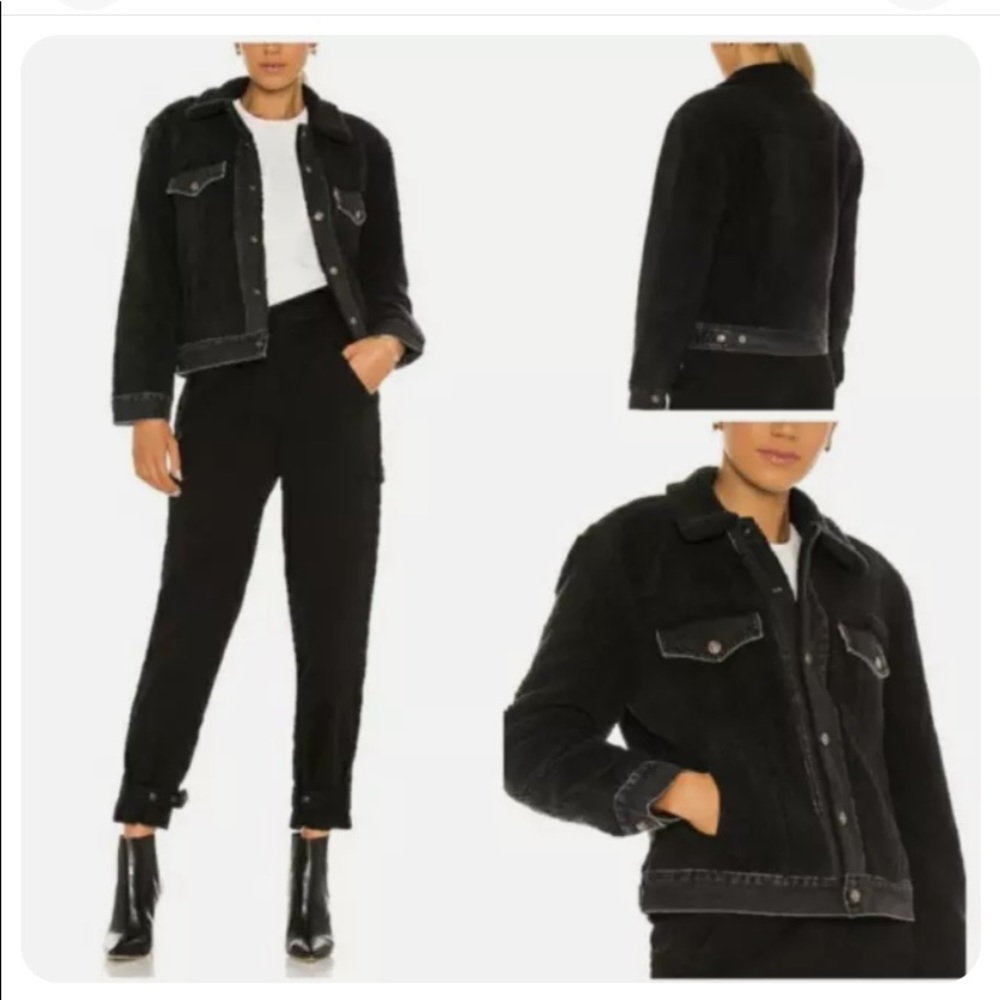 NWT Levis Women's Ex Boyfriend Trucker Jacket Black Denim Sherpa